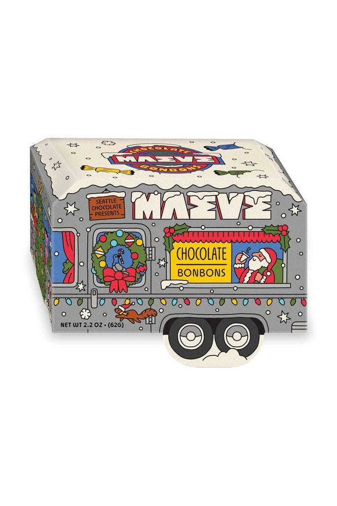 Maeve chocolate bonbons packaging with festive design on a white background